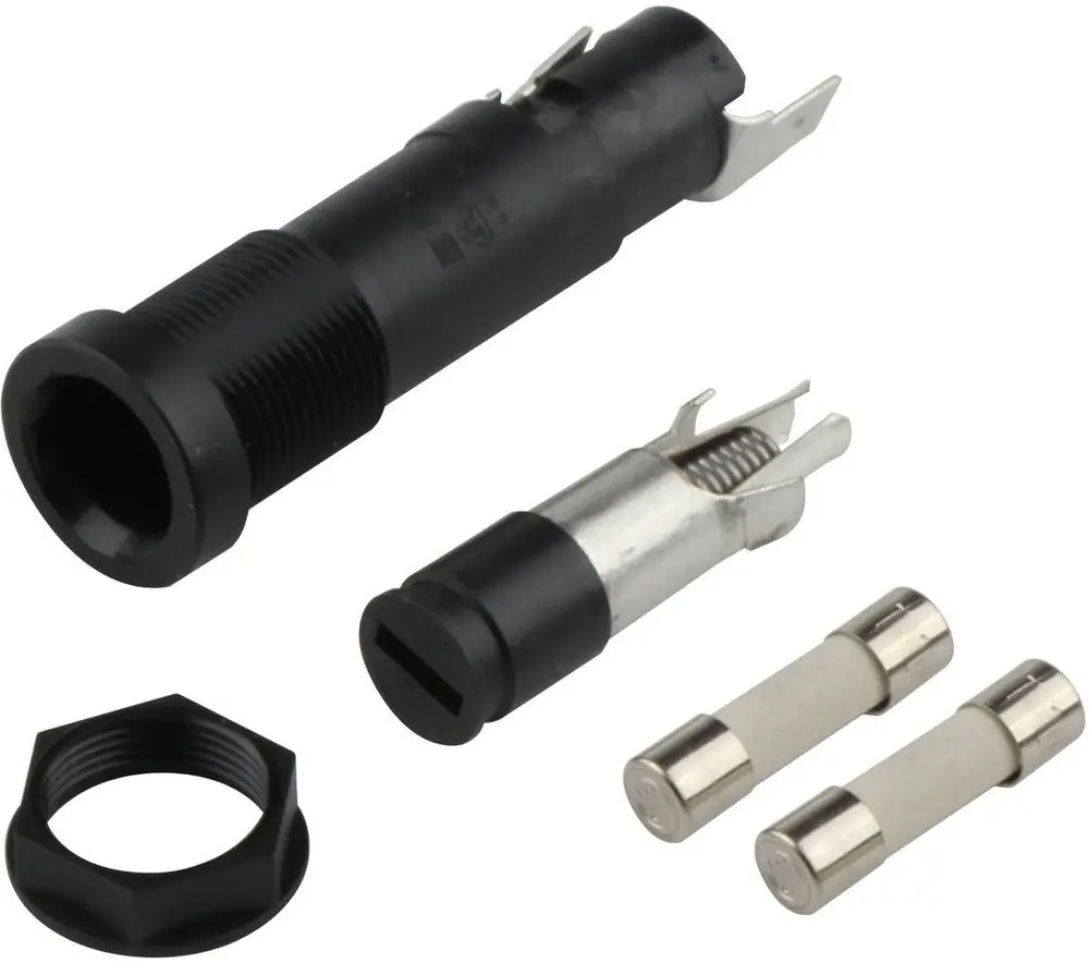 BOSCH Sicherungshalter in Schwarz mit zwei Glassicherungen (5x20 mm) und Zubehörteilen. Ideal für elektrische Installationen.